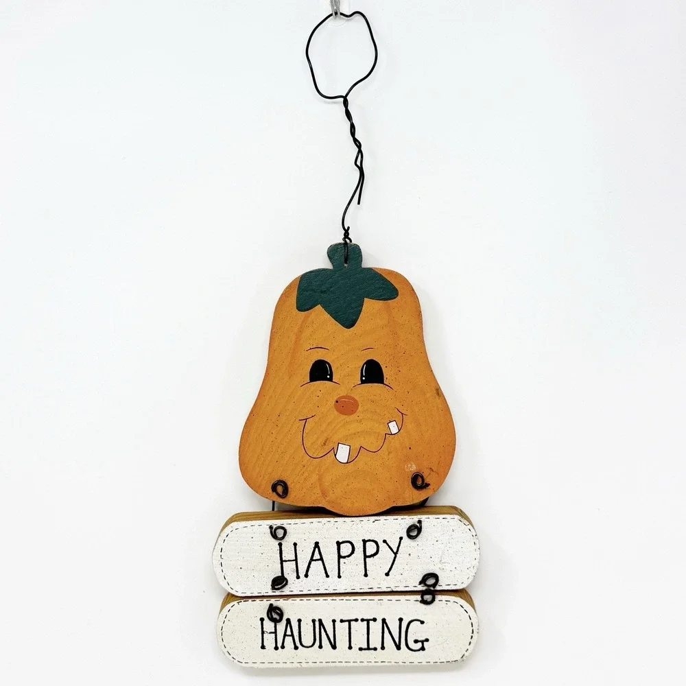VTG Hanging Wooden Pumpkin Wall Decor Happy Haunting Spell‎ Out Fall Halloween
